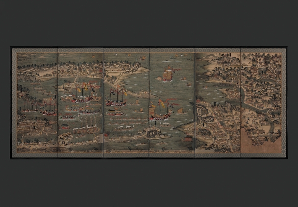 琉球交易港図屏風
